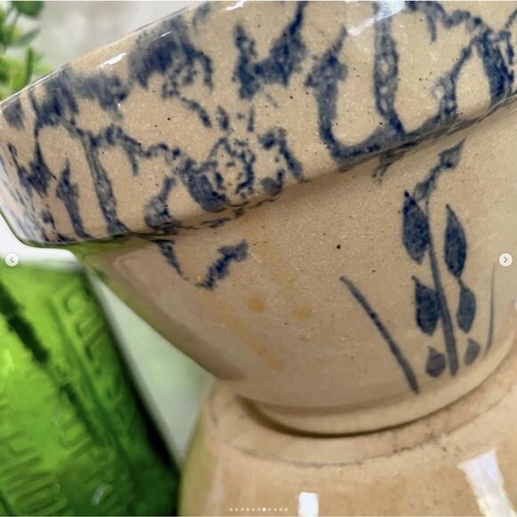 Vintage Blue Spongeware Robinson Ransbottom Roseville Ohio Spatter Bowls PAIR - Picture 7 of 10